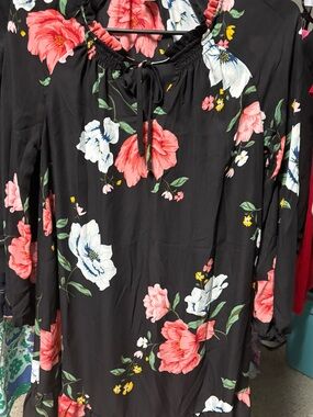 Old Navy Black Floral Long Sleeve Dress with Coral and White Blooms